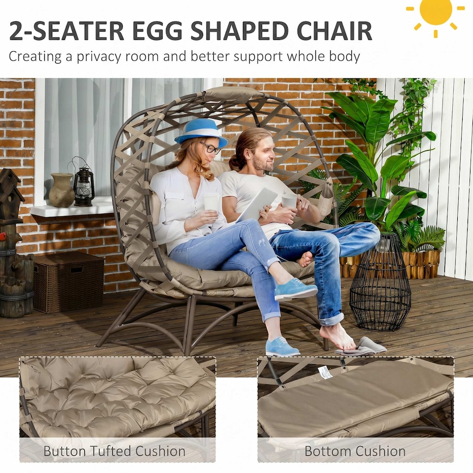 image 1 of Outsunny 2 Seater Egg Chair Outdoor with Cushion, Cup Pockets - Khaki