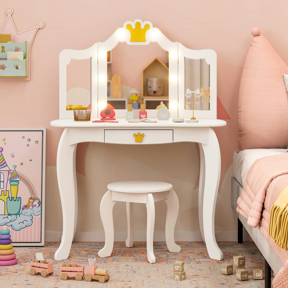 image 1 of COSTWAY Kids Vanity Princess Vanity Table & Chair Set White