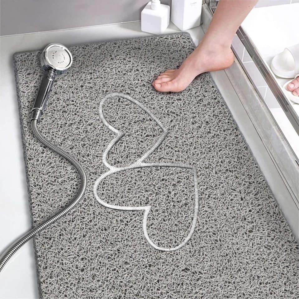 image 1 of Embossed Spaghetti Anti Slip Shower Mat - Double Heart - 75cm x 44cm | Grey | Grey | Rectangular 75x44cm