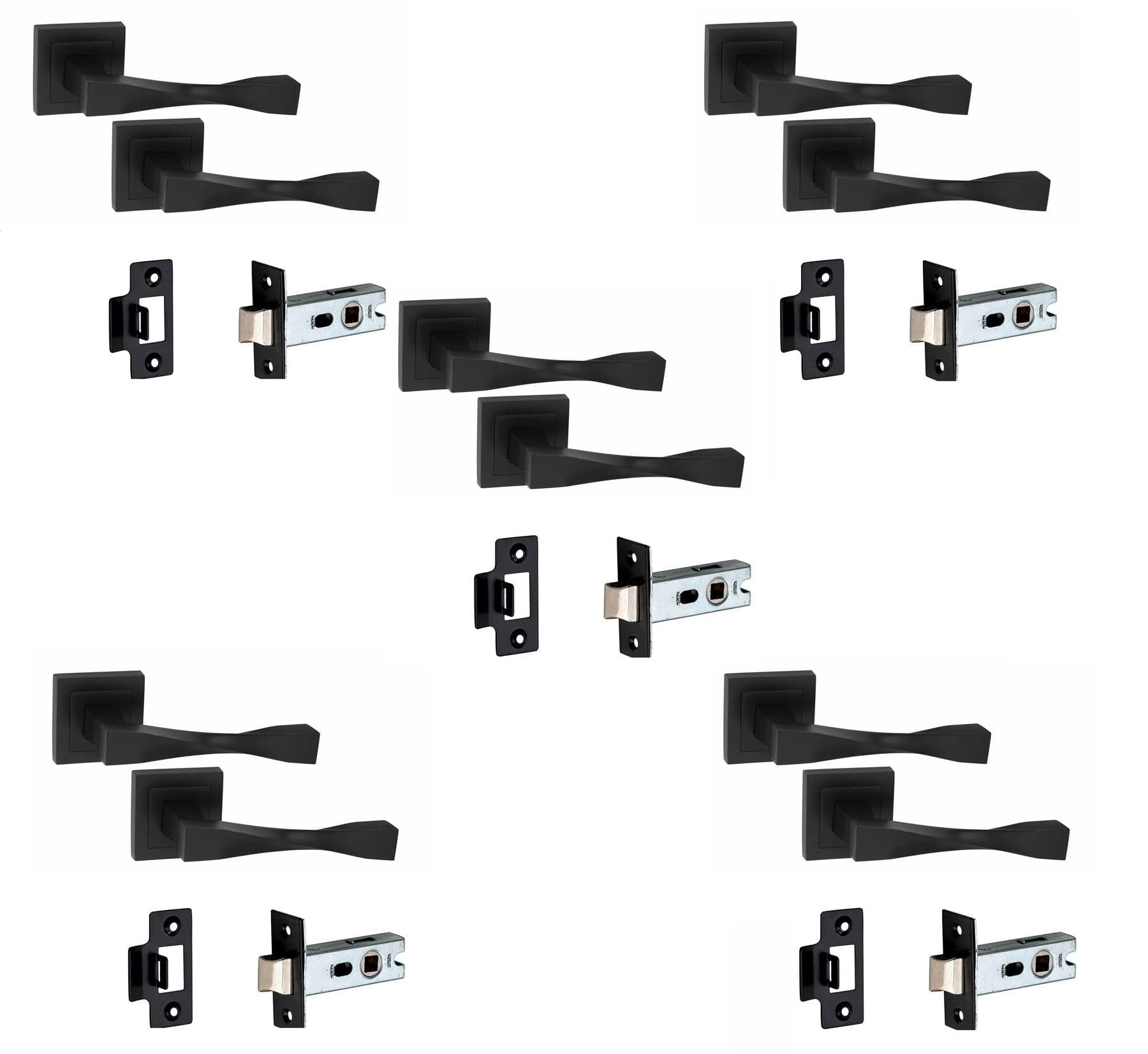Golden Grace 5 Sets Straight Astrid Premium Design Door Handles on Square Rose in Matt Black Finish with 2.5" Latch and 1 Pair of Ball Bearing Hinges
