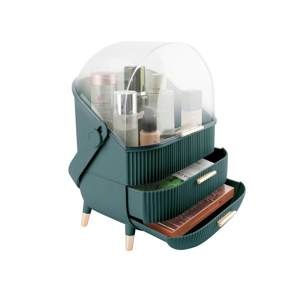 Portable Round Desktop Dark Green Makeup Organizer with 2 Drawers