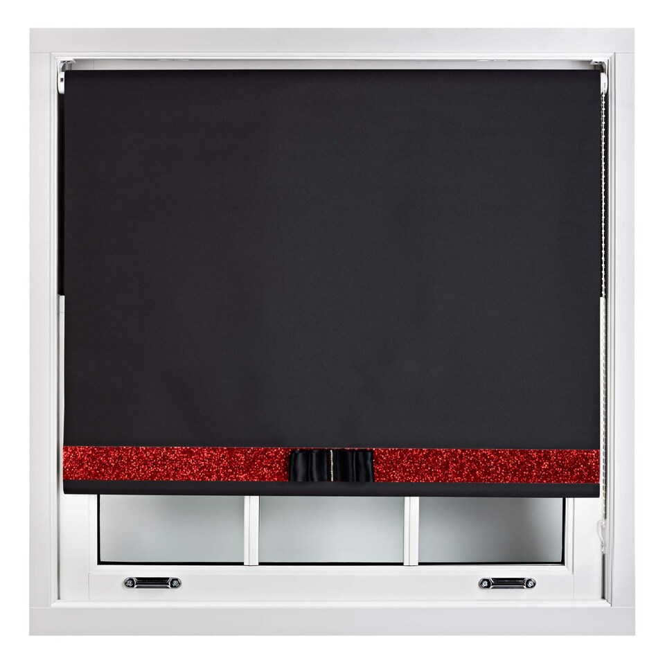 image 1 of FURNISHED Blackout Roller Blind with Red Glitter Trim and Black Bow Trimmable Window Shade | Black | Black 1 | (W) 130cm x (L) 165cm
