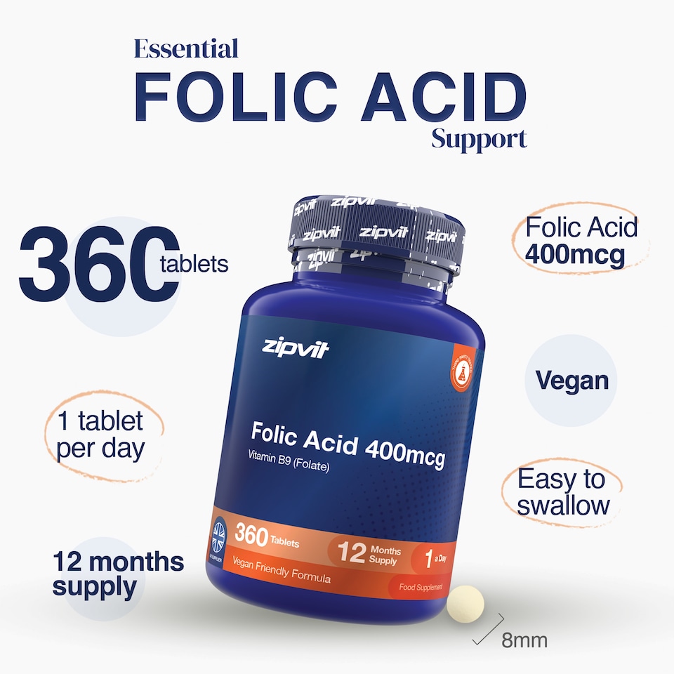 image 1 of Zipvit Folic Acid 400mcg, Pregnancy, Blood & Energy Support, 360 Vegan Tablets, 12-Month Supply