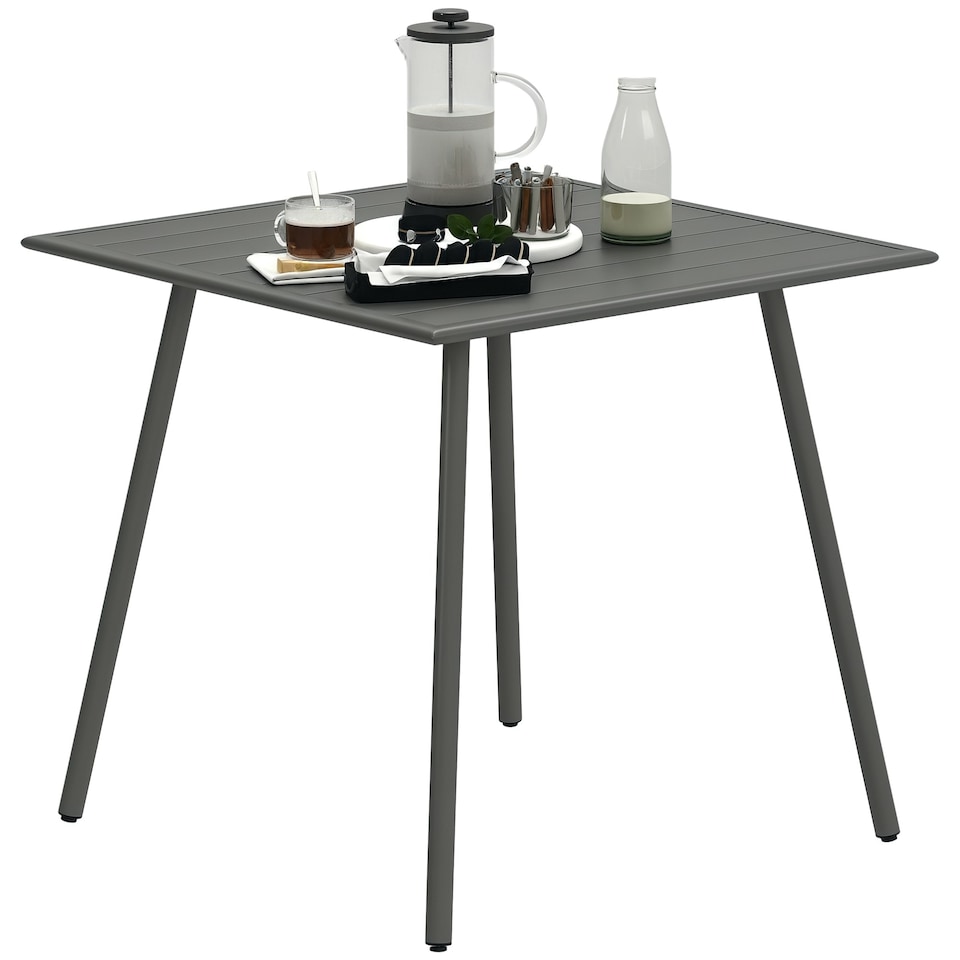 image 1 of Outsunny Garden Dining Table for 4 Person, Square Outdoor Table with Easy Clean Slat Top, Rust Resistant Steel Frame, for Terrace, Balcony, 80 x 80 x 74 cm, Grey | Grey