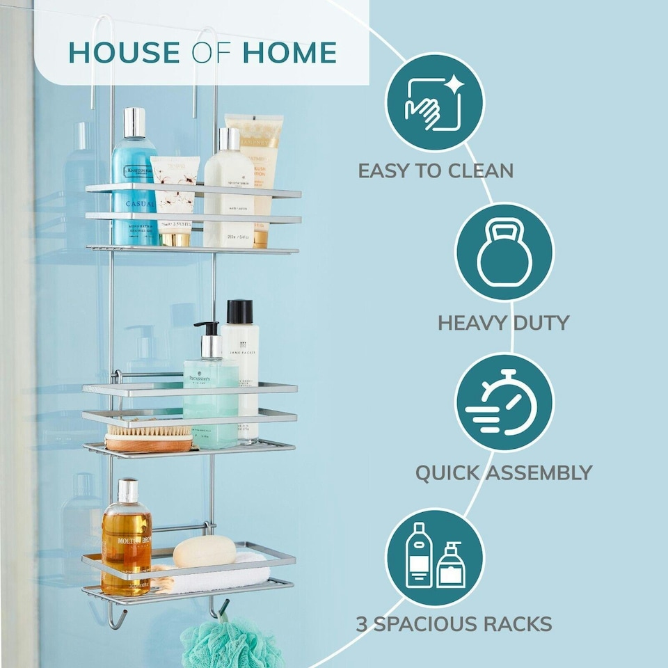 image 1 of Shower Caddy 3 Tier Bathroom Storage Organiser Hanging Basket With Shelving Over The Door Silver