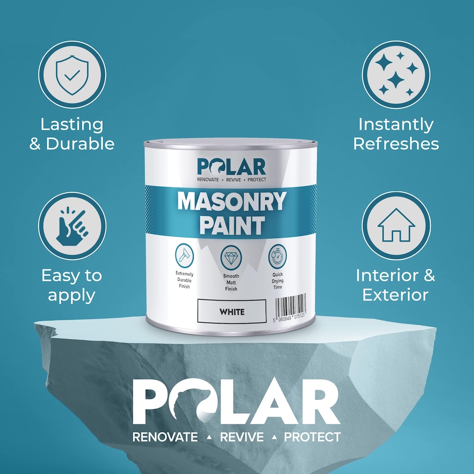 image 1 of Polar Masonry Paint Multi-Purpose Interior & Exterior Emulsion Paint Matt | White | White | 500 ml