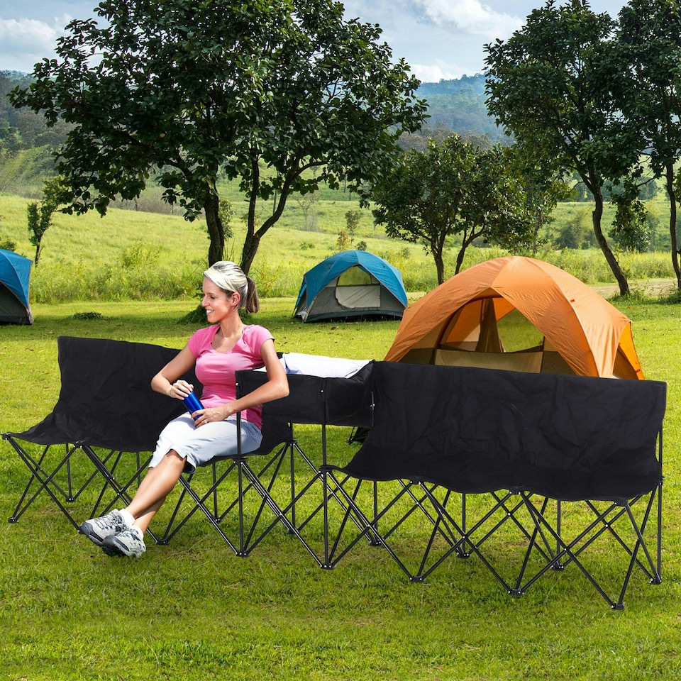 image 1 of Outsunny 6 Seat Camping Bench Folding Portable Outdoor with Cooler Bag Black