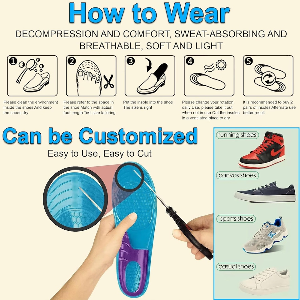 image 1 of Pair Men Gel Insoles 6-10 UK Size Cushioning Silicone Orthotic Shoe Insert Insole For Arch Heel Pain Comfort Support & Flat Feet