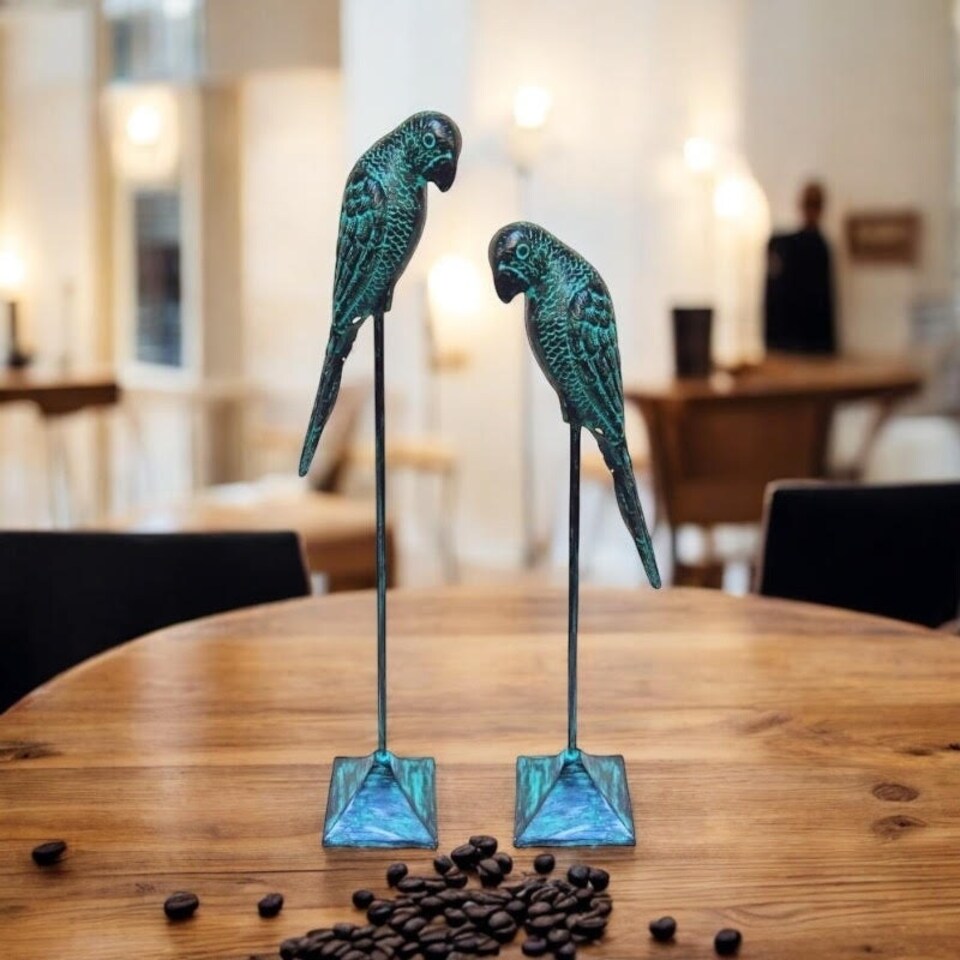 image 1 of Decorative Parrots Ornament (Set of 2) - Cast Iron - Green