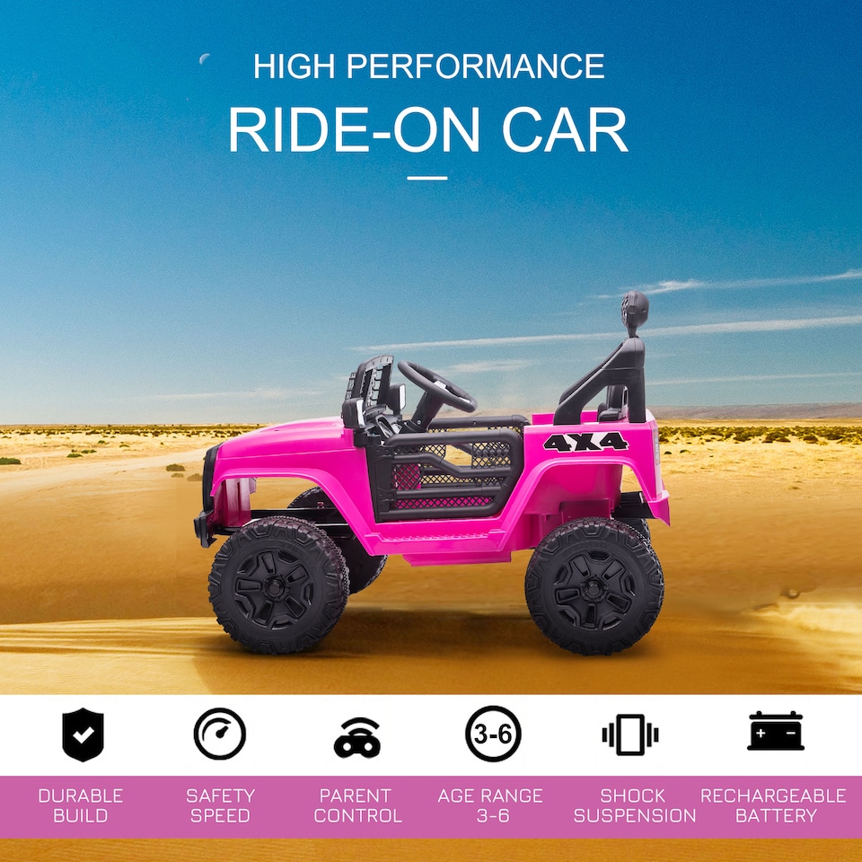 image 1 of HOMCOM Kids Electric Ride On Car 12V Off Road Toy with Parental Remote Control 2 Motors Horn Lights Suspension Wheels for 3-6 Years Old Pink