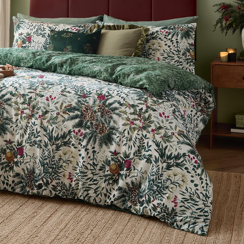 image 1 of Wylder Winter Foliage Reversible Brushed Cotton Duvet Cover Set, Pine Green, Single