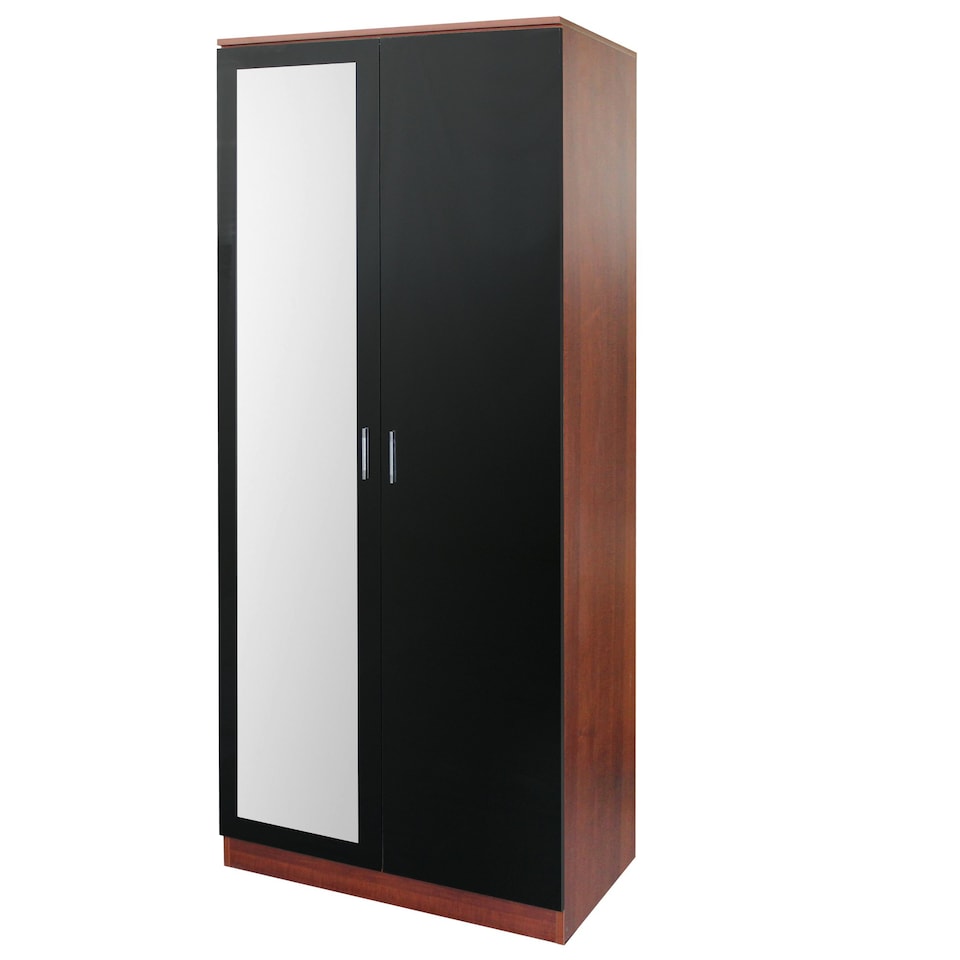 image 1 of Modern 2-Door Wardrobe with Mirror High Gloss Finish In Walnut and Black Black | Walnut