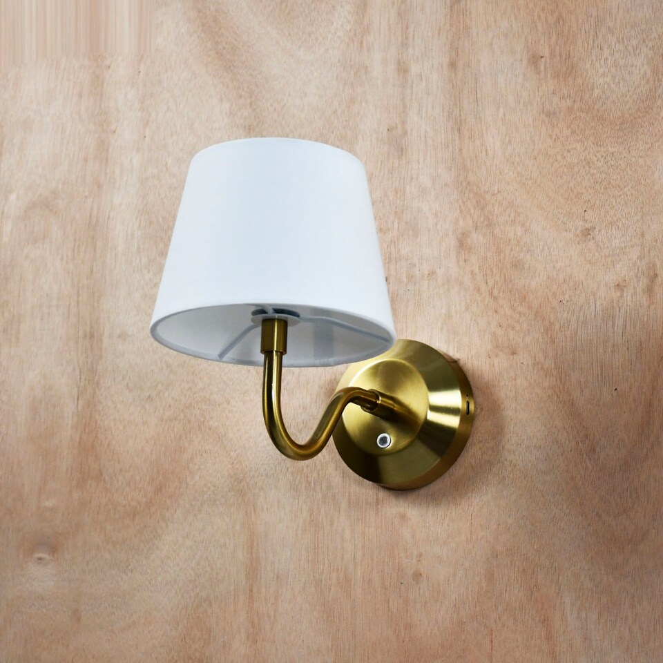 image 1 of Set of 2 Hamilton - Brass Rechargeable Wall Lights with White Shades