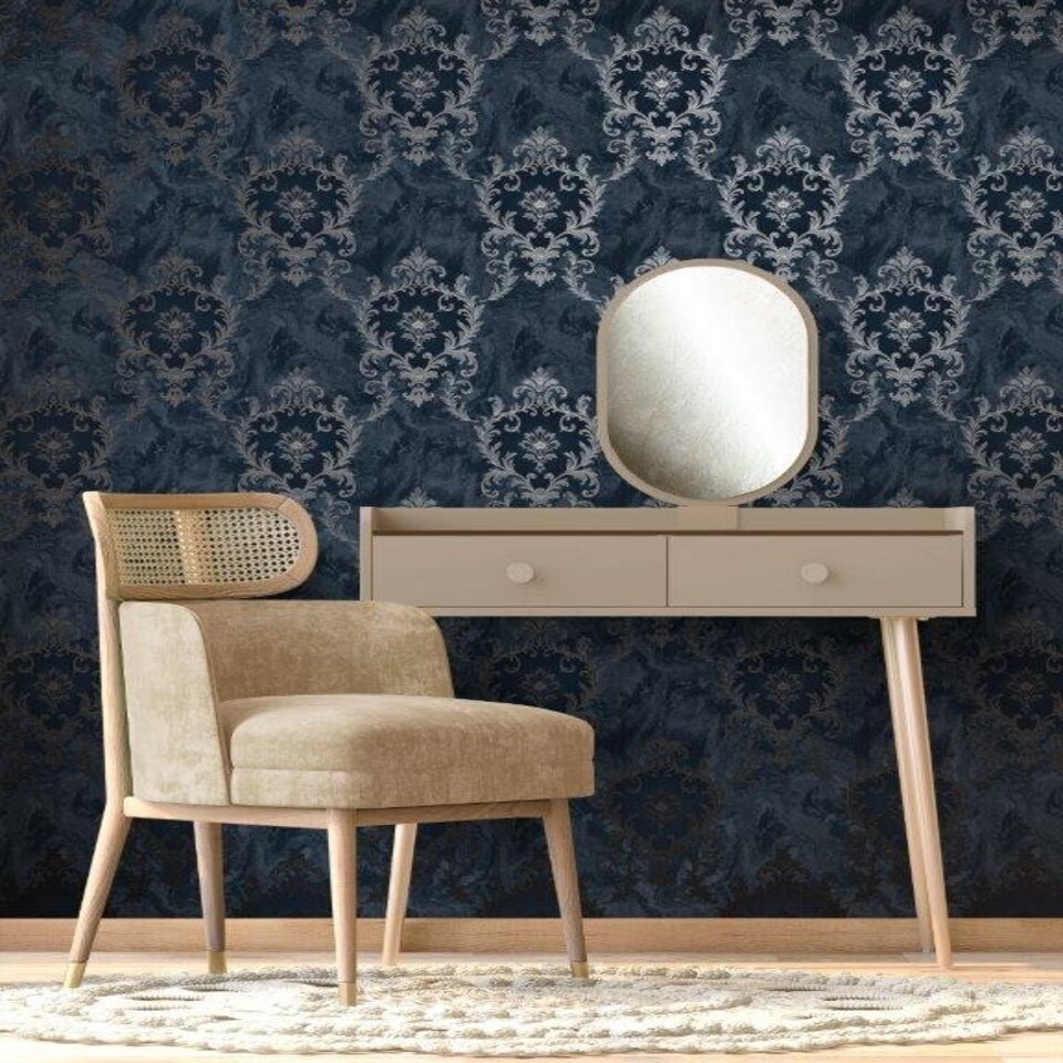 image 1 of Sienna Damask Navy Wallpaper Blue