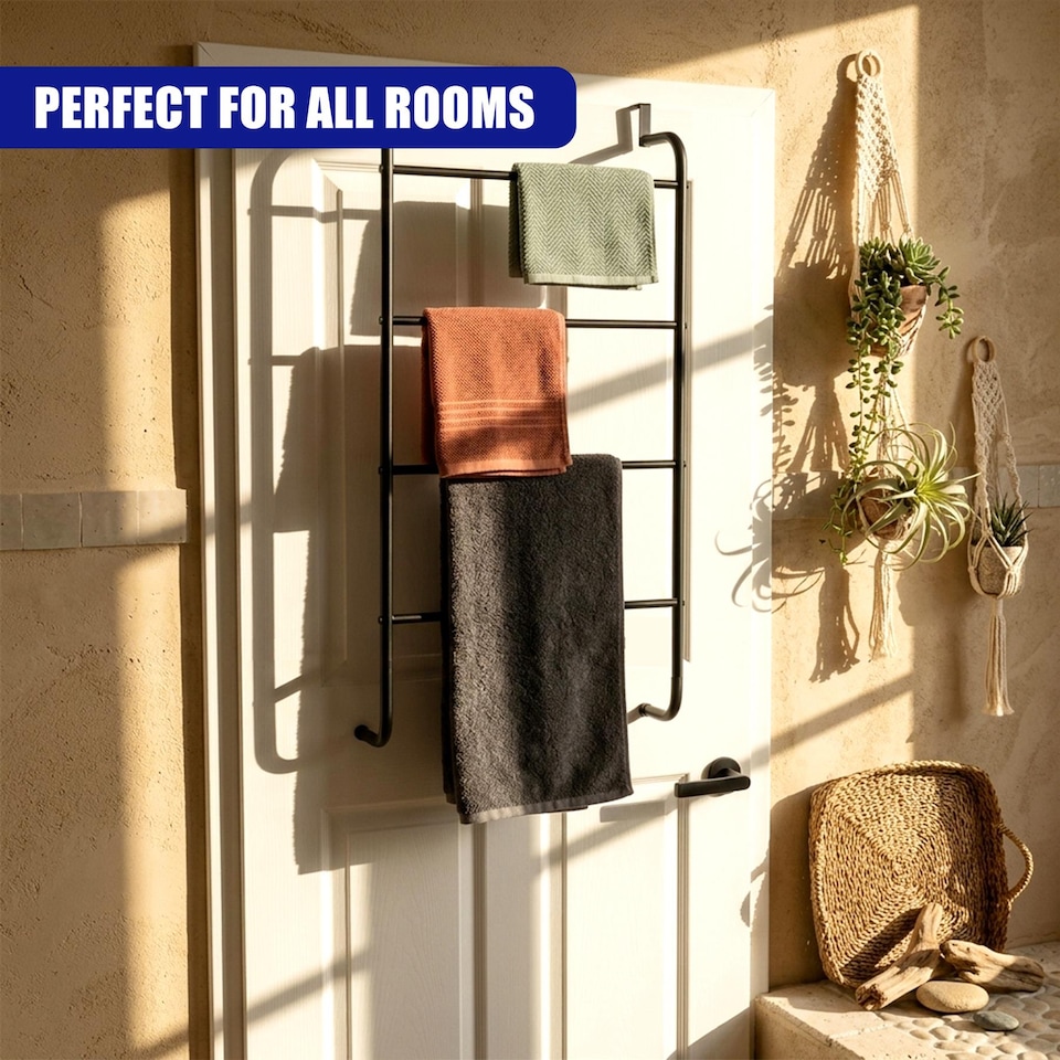 image 1 of GEEZY Over Door Towel Rail with 4 Bars Bathroom Organiser Rack Modern Steel Design