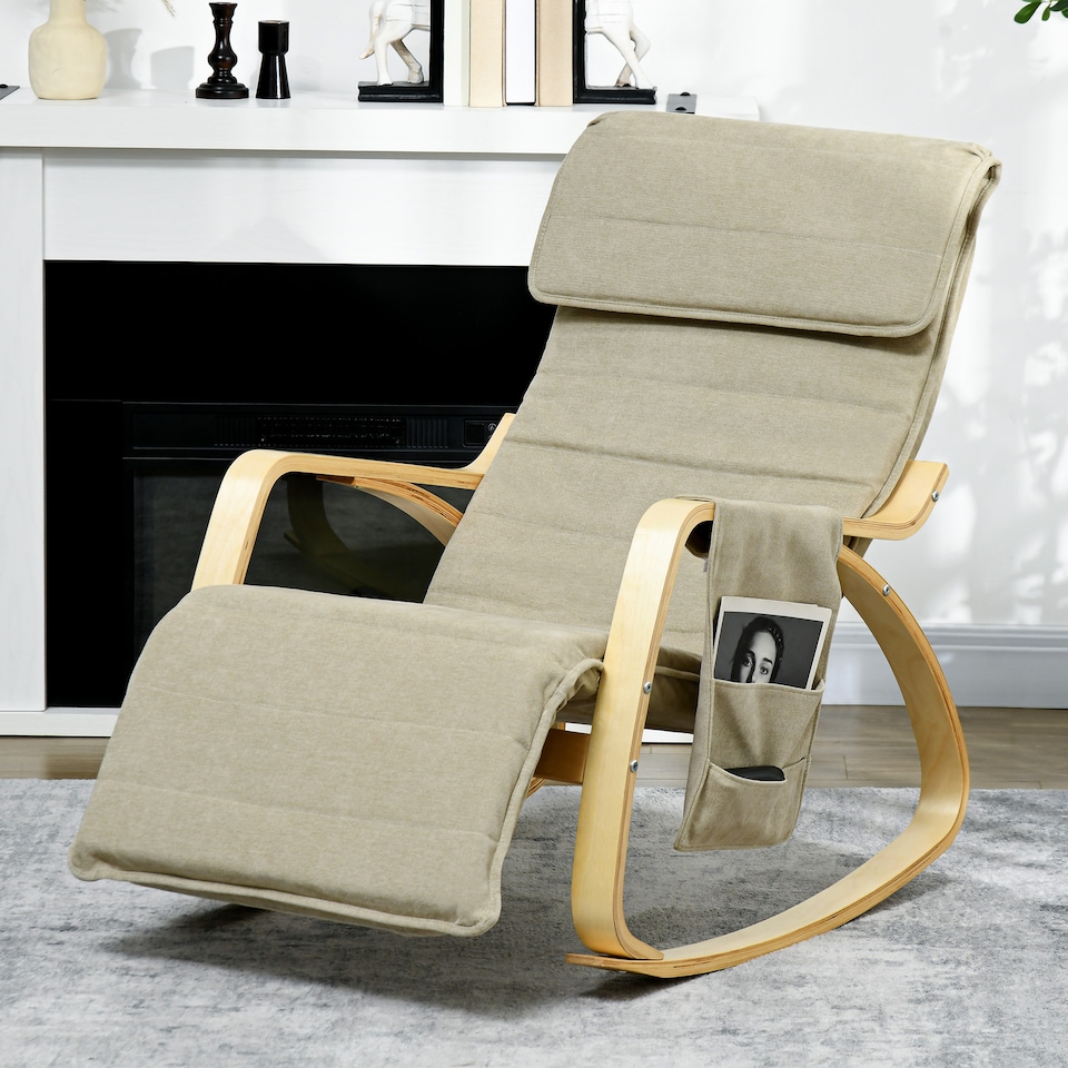 image 1 of HOMCOM Rocking Lounge Chair Recliner Relaxation Lounging Relaxing Seat with Adjustable Footrest, Side Pocket and Pillow, Khaki