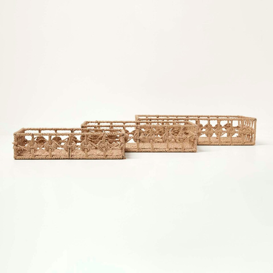 image 1 of Homescapes Set of 3 Natural Woven Rectangle Storage Trays Cream