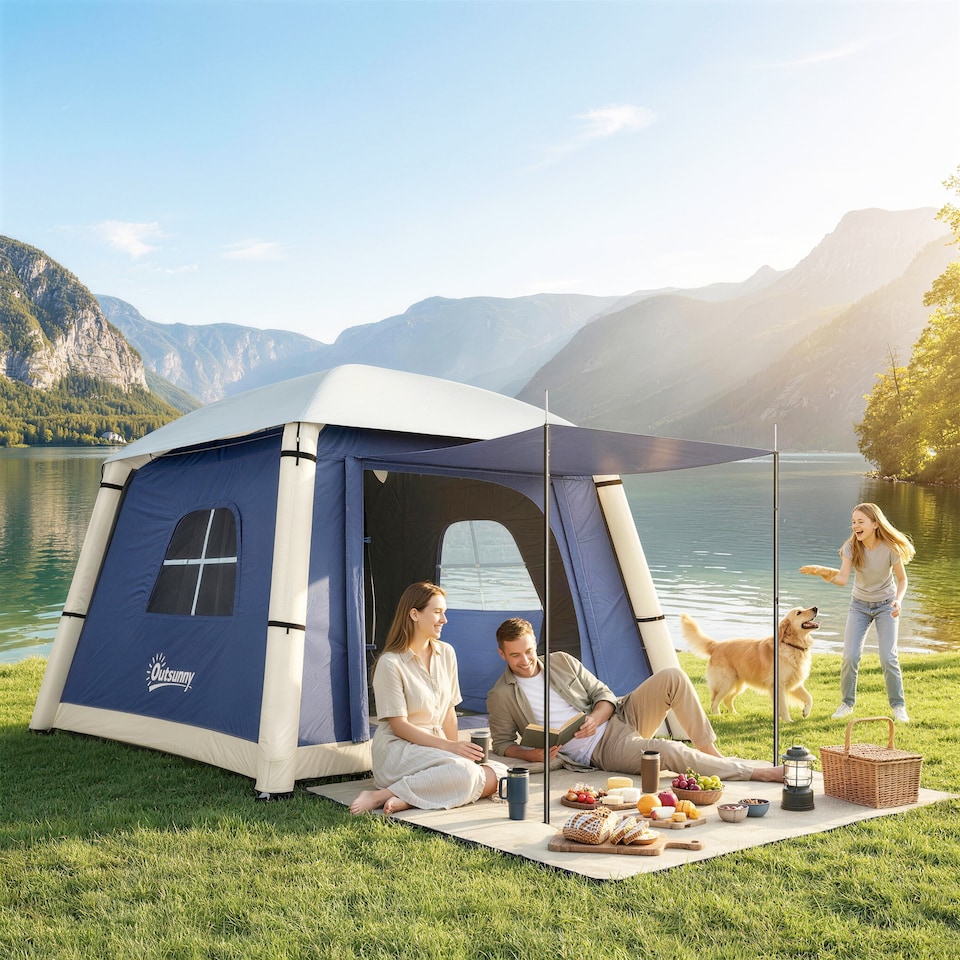 image 1 of Outsunny Inflatable Camping Tent, 2 Man Tent, Dark Blue | Blue | Dark blue | 210 x 210 x 160 cm