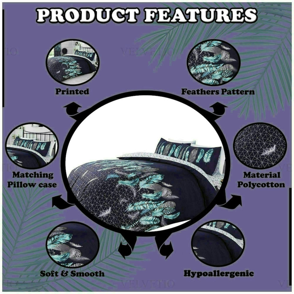 image 1 of VELVETIO Feathers Geometric Printed Duvet Cover Set Reversible Polycotton Beddings Grey | Single
