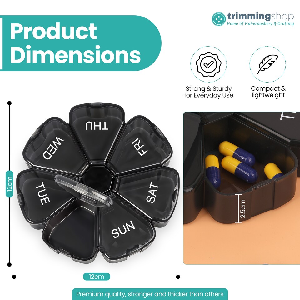image 1 of Black Weekly Pill Box, Pill Organiser with Weekday Labels