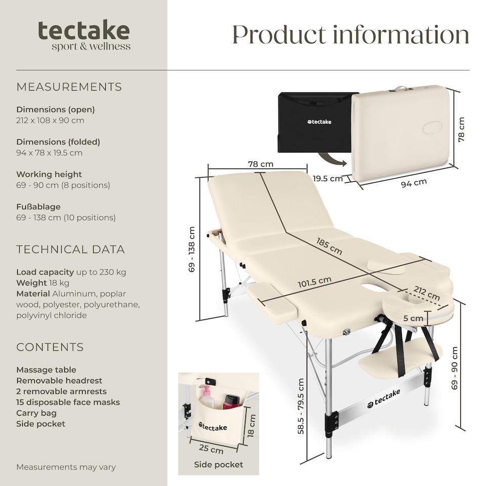 image 1 of Massage Table Ko Tao - 3 zones, 78cm wide, aluminium frame, folding, carry bag | Cream | beige | 1