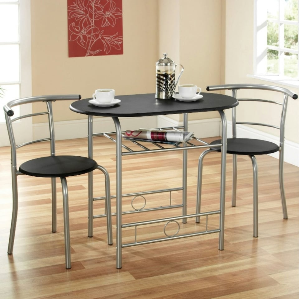 image 1 of Greenhurst 2-Seater Space-Saving Dining Set – Black Table & Silver Frame Chairs for Compact Areas Black | Silver