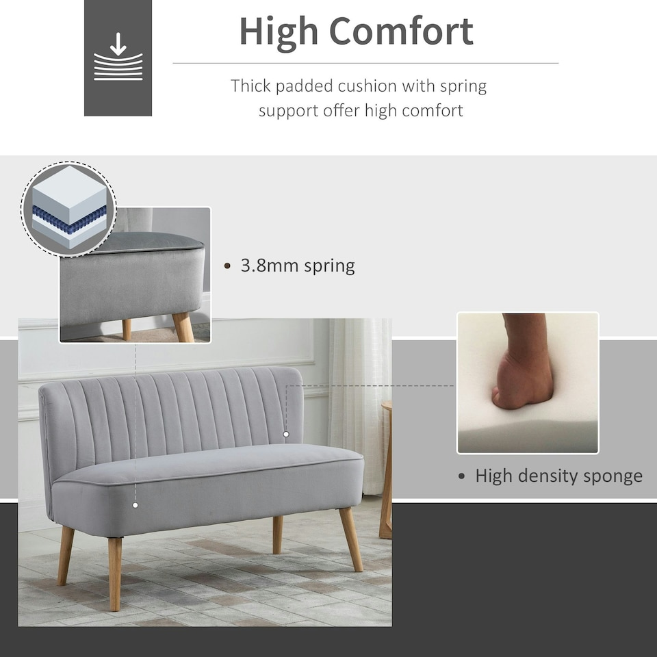 image 1 of HOMCOM Velvet-Feel Double Sofa w/ Wood Frame Foam Padding High Back, Grey
