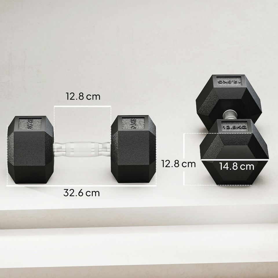 image 1 of HOMCOM 2x12.5KG Rubber Hex Dumbbell Portable Hand Weights for Home Gym