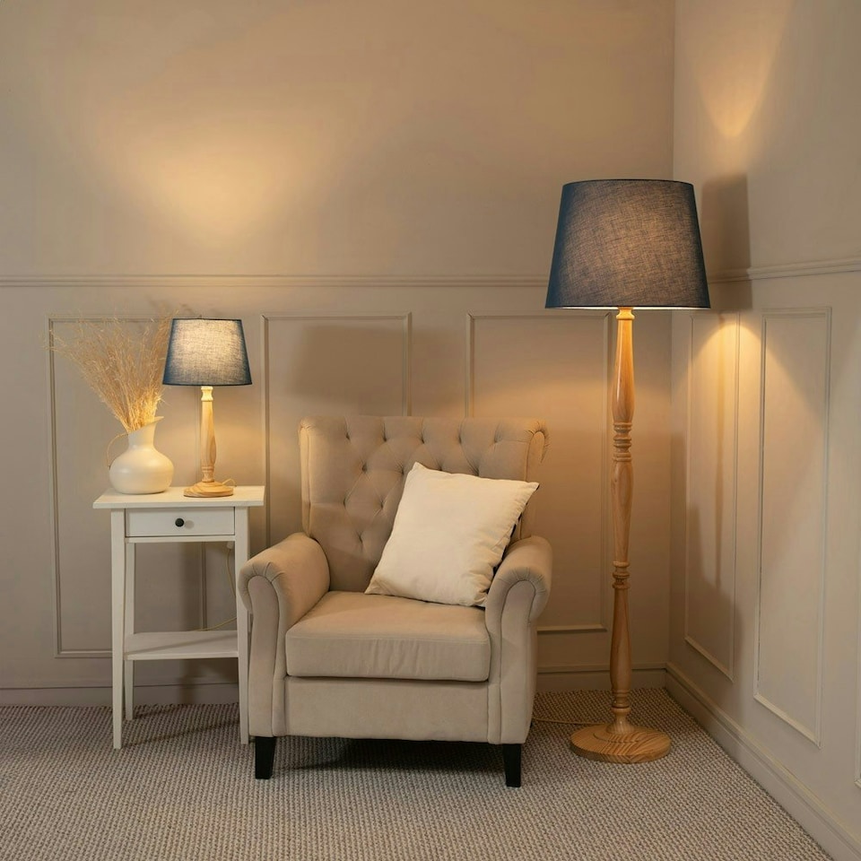 image 1 of ValueLights Victoria Light Wood Traditional Table Lamp with Navy Blue Fabric Tapered Shade and LED Bulb