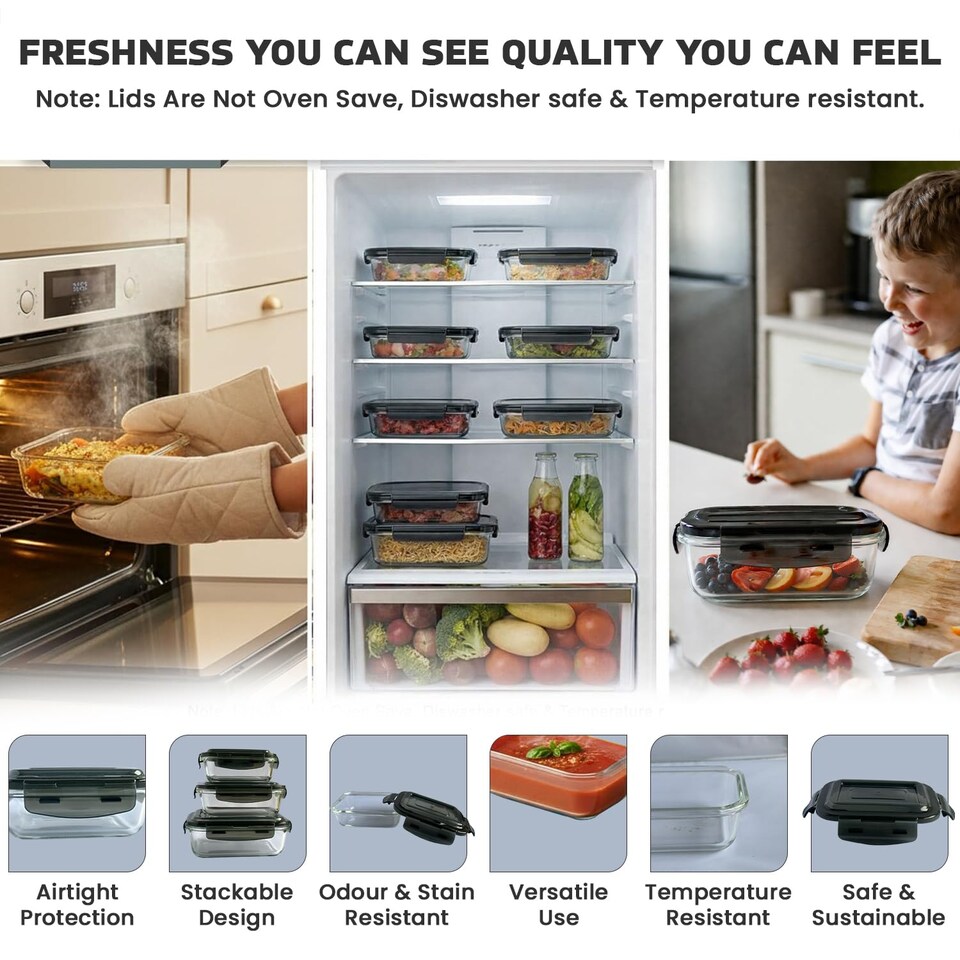 image 1 of 380ml Meal Prep Glass Containers with Airtight Lids Clip Lock Takeaway Containers Pack 5