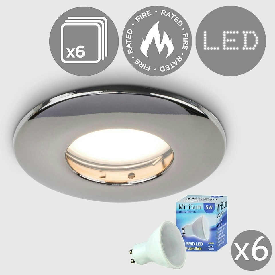 image 1 of ValueLights Pack of 6 Fire Rated Bathroom/Shower IP65 Black Chrome Domed Ceiling Downlights 5w LED Bulbs 6500K Cool White