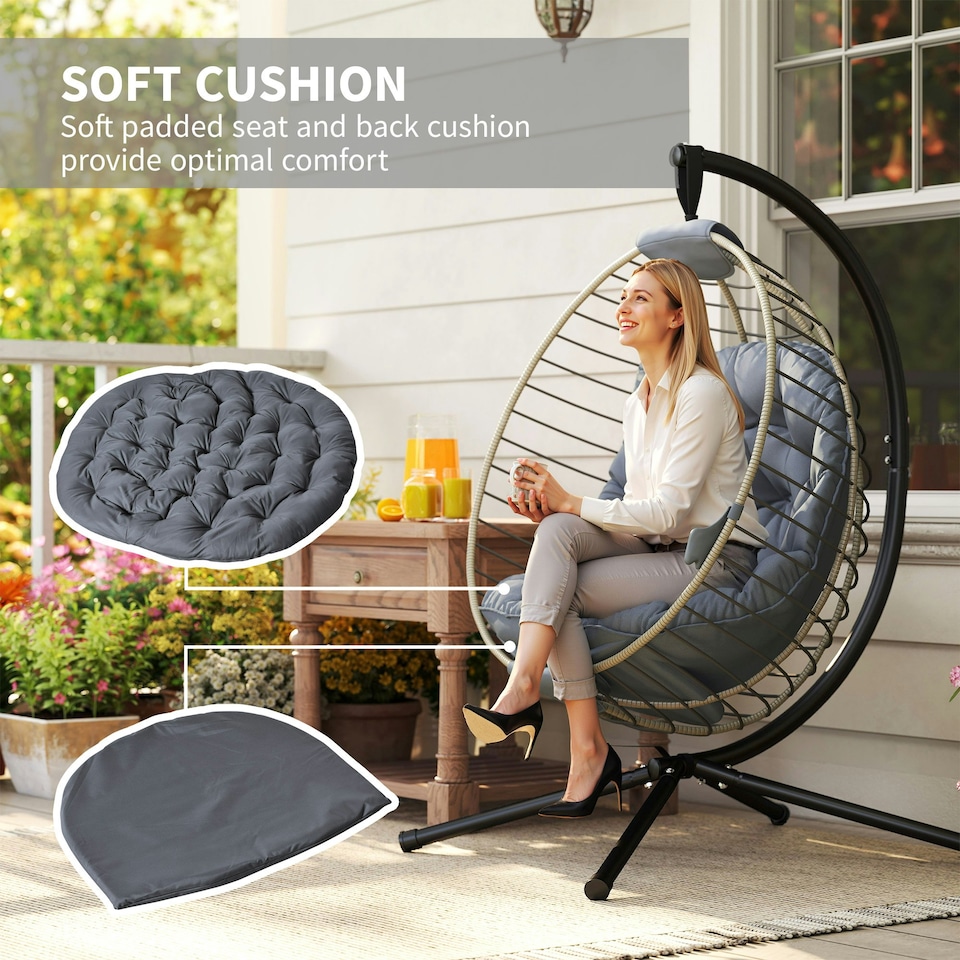 image 1 of Outsunny PE Rattan Hanging Swing Chair w/ Stand & Cup Holder, Grey | Grey | One Size