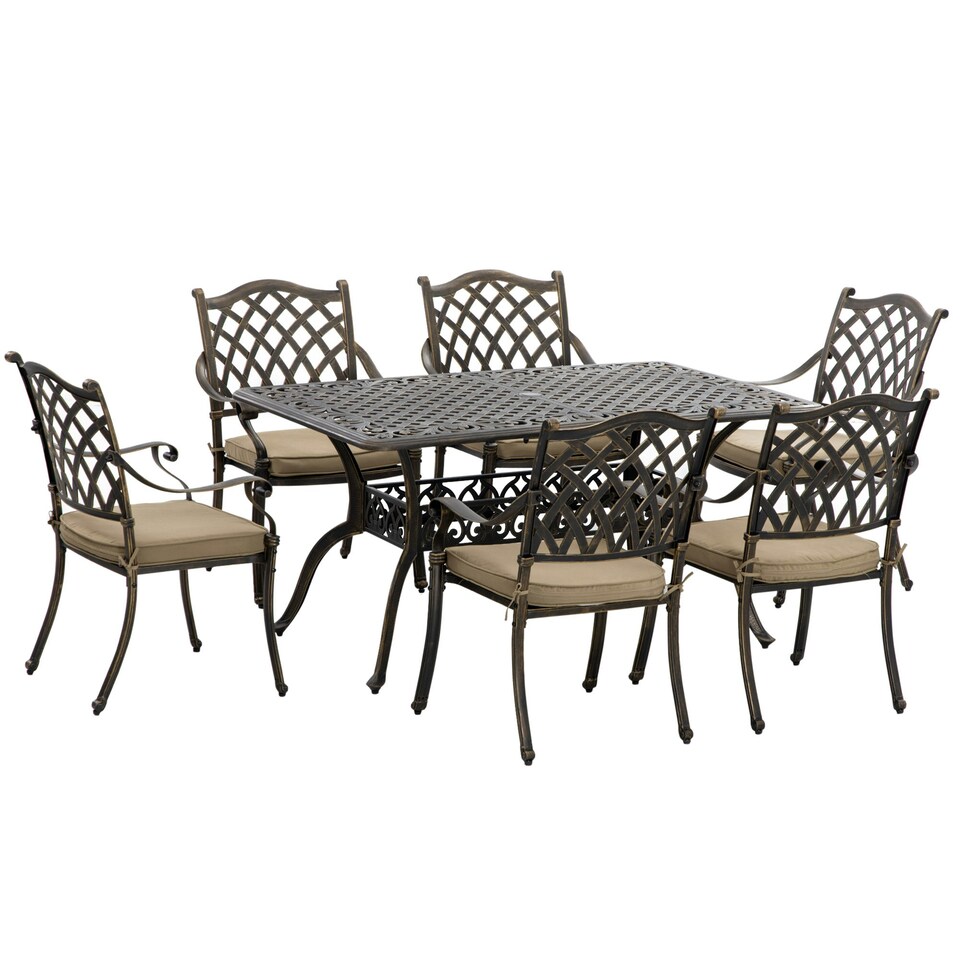 image 1 of Outsunny 7-PC Cast Aluminum Patio Dining Set with Umbrella Hole