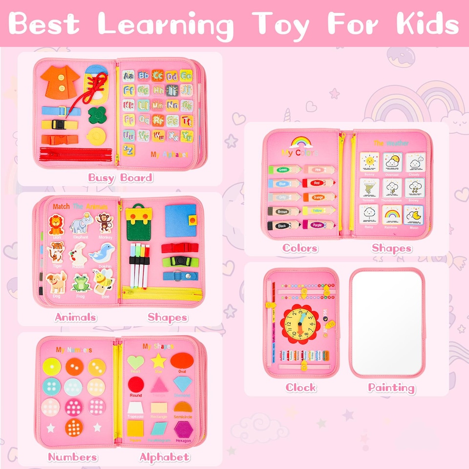 image 1 of Toddler Busy Board Busy Book Sensory Montessori Travel Toy - 10 Pages Quiet Book with Life Skills, Alphabet & Numbers (Pink)