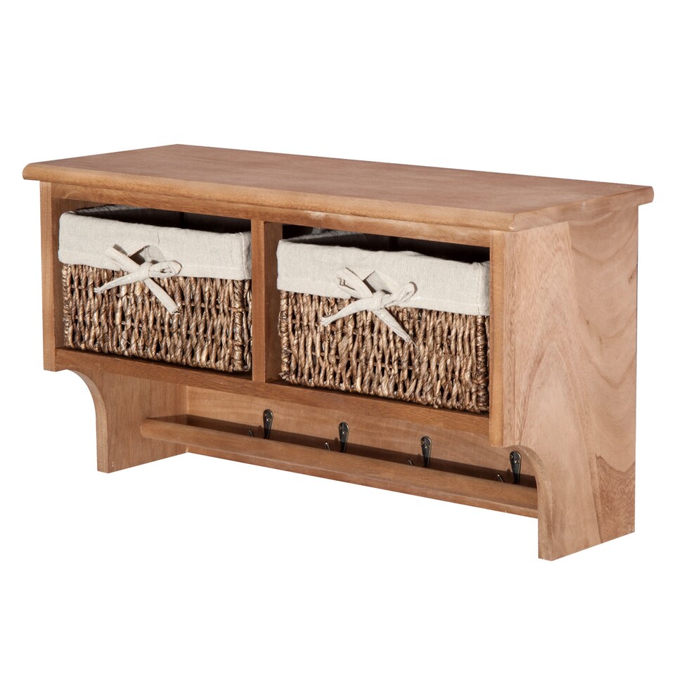 image 1 of HOMCOM Entryway Coat Rack Wall Mounted Shelf w 2 Corn Husk Baskets and Hooks, Brown