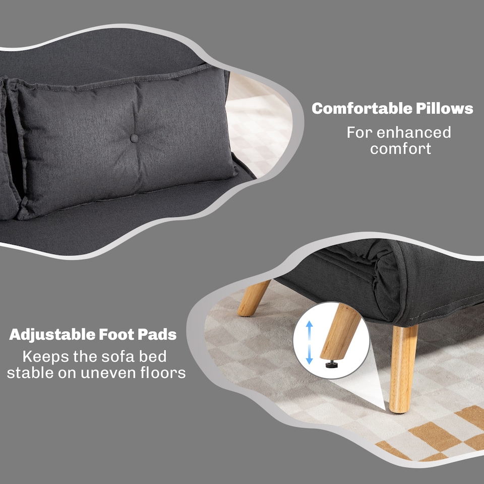 image 1 of HOMCOM 2 Seater Sofa Bed, Click Clack Convertible Bed Settee with Adjustable Backrest, Modern Linen Feel Fabric Recliner Sofa Couch with Pillows for Living Room, Bedroom, Guest Room, Charcoal Grey