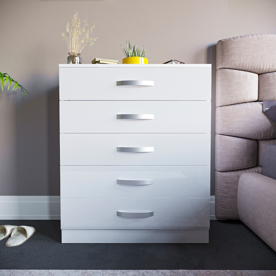 image 1 of Vida Designs Hulio 5 Drawer Chest of Drawers High Gloss Bedroom Storage, White