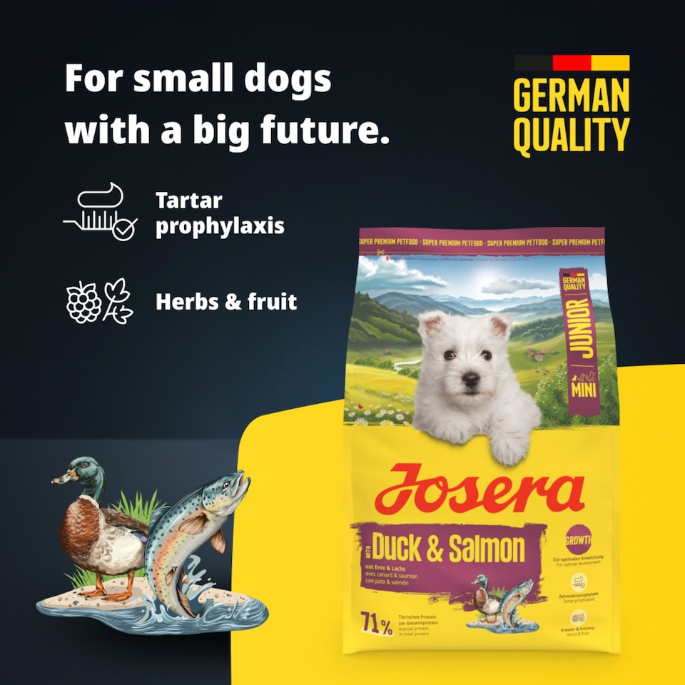 image 1 of Josera Mini Junior Duck & Salmon | Complete dry food for toy & small breeds | Gluten free | Tartar control | Herbs & fruits | Joint support | 5x0.9kg