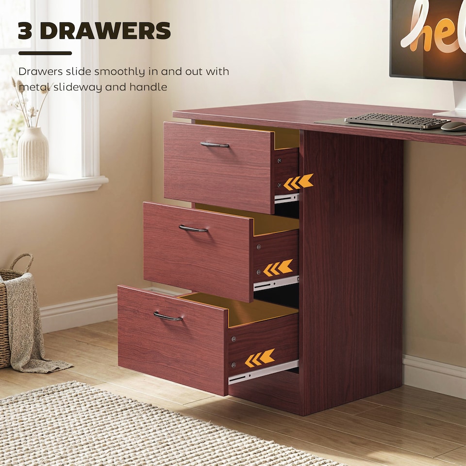image 1 of HOMCOM Computer Desk, Writing Table, PC Workstation with 3 Storage Shelves and Drawers, Silver Handle, for Home Office, Walnut Brown