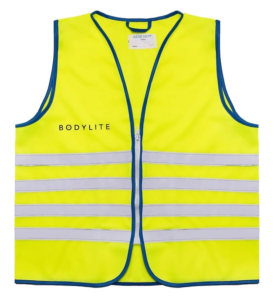 image 1 of Bodylitegear Kids Reflective Safety Vest, High 360 Degree Visibility Fun Design With Blue Trim, Robust Zipper, 100% Polyester, Neon Yellow, Large