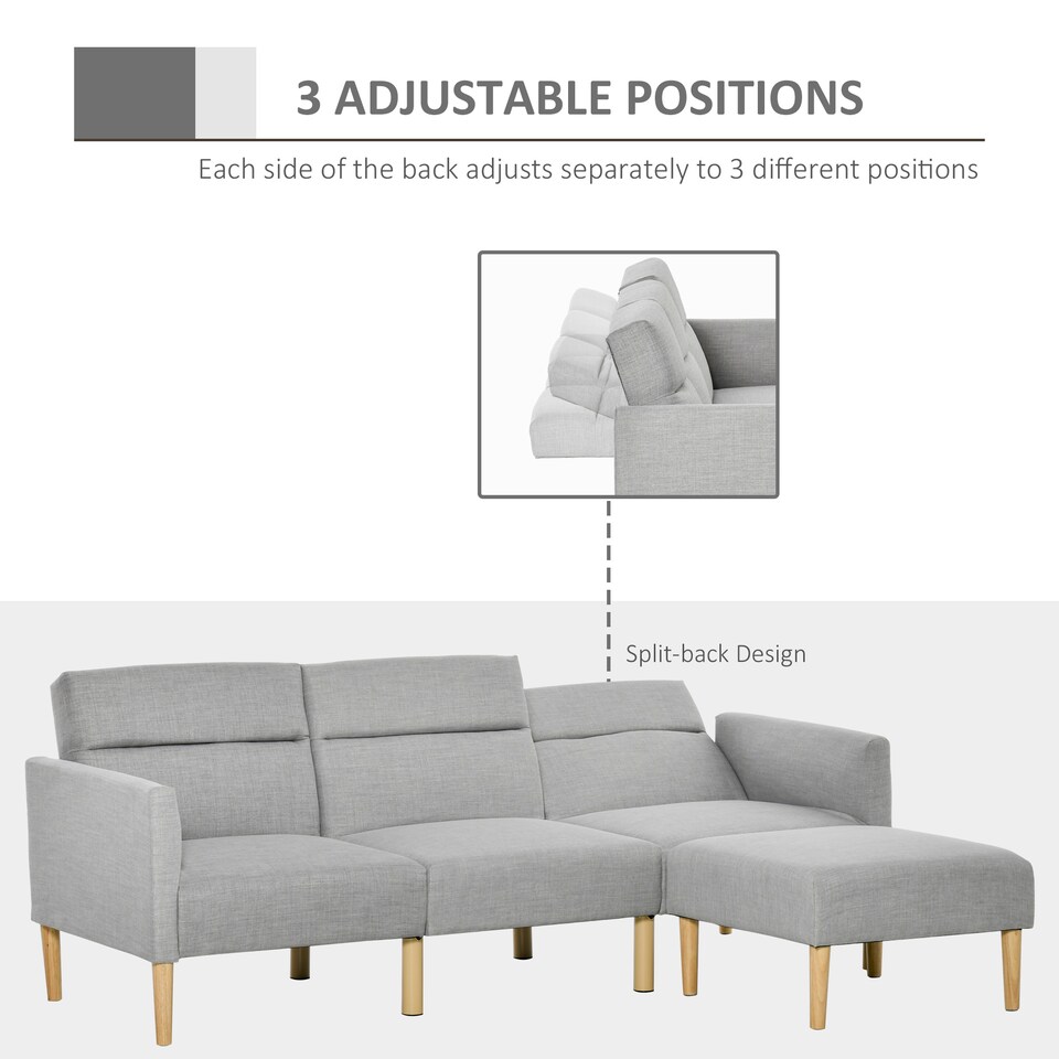 image 1 of HOMCOM Upholstered 3 Seater Sofa Bed, Corner Reversible Click Clack Sofa Set, Linen-Touch Fabric Sleeper Futon with Footstool, Light Grey
