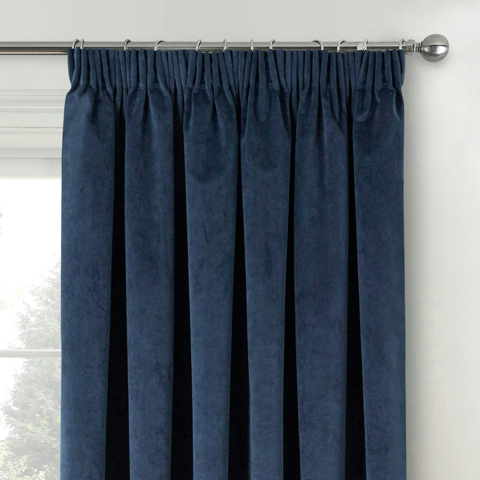 image 1 of Oxford Navy Velvet Curtains 46 x 54 inch (117 x 137 cm) 100% Blackout Pencil Pleat Thermal Noise Reducing Curtains for Bedroom and Living Room