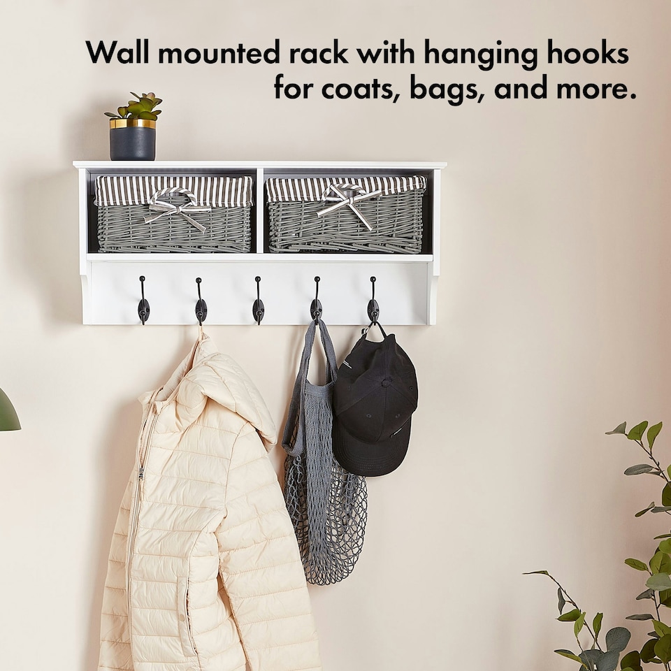 image 1 of VonHaus White Wall Mounted Coat Hooks with Baskets