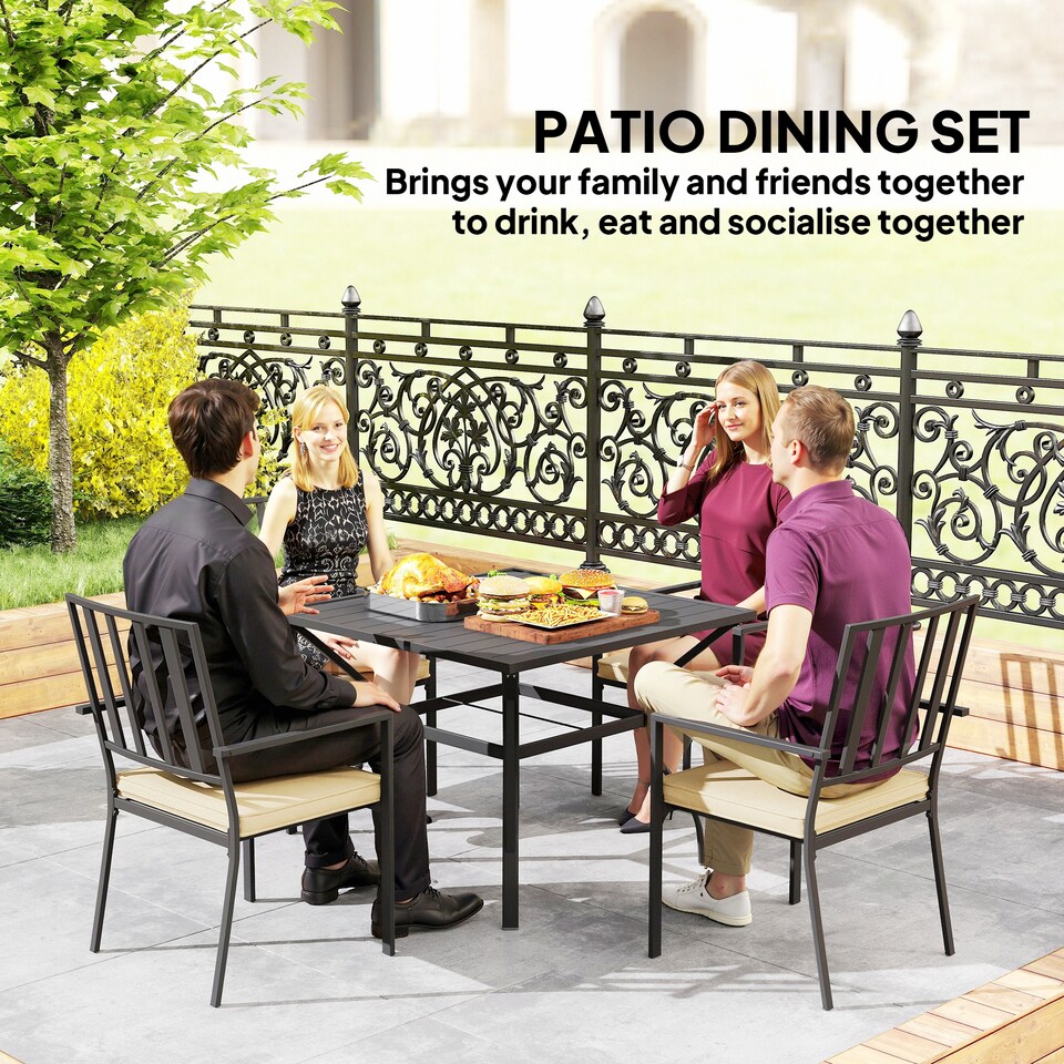 image 1 of Outsunny 5 Pieces Garden Dining Set with Cushions, Outdoor Patio Table and 4 Stackable Chairs, Metal Top Table with Umbrella Hole, Black