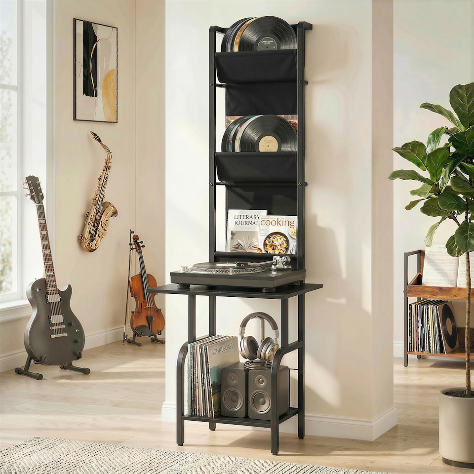 image 1 of HOMCOM Vinyl Record Player Stand with Oxford Pockets, Black
