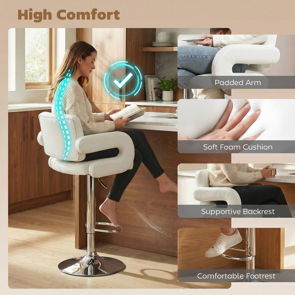 image 1 of HOMCOM Bar Stools Adjustable Swivel with Armrest Set of 2 | White | White, Silver Tone | 57.5 x 50 x 90-115 cm