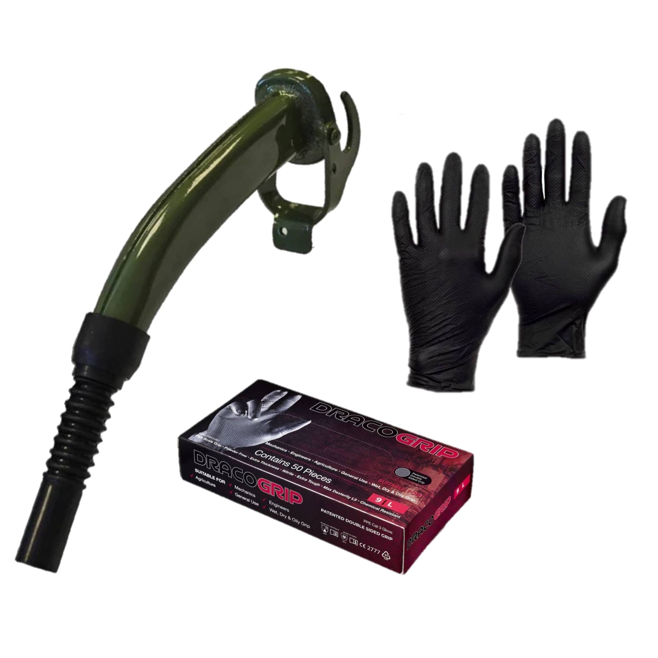 Pegdev Jerry Can Accessory Bundle Metal Spout & Nitrile Gloves Efficient Refuelling Protection in Black