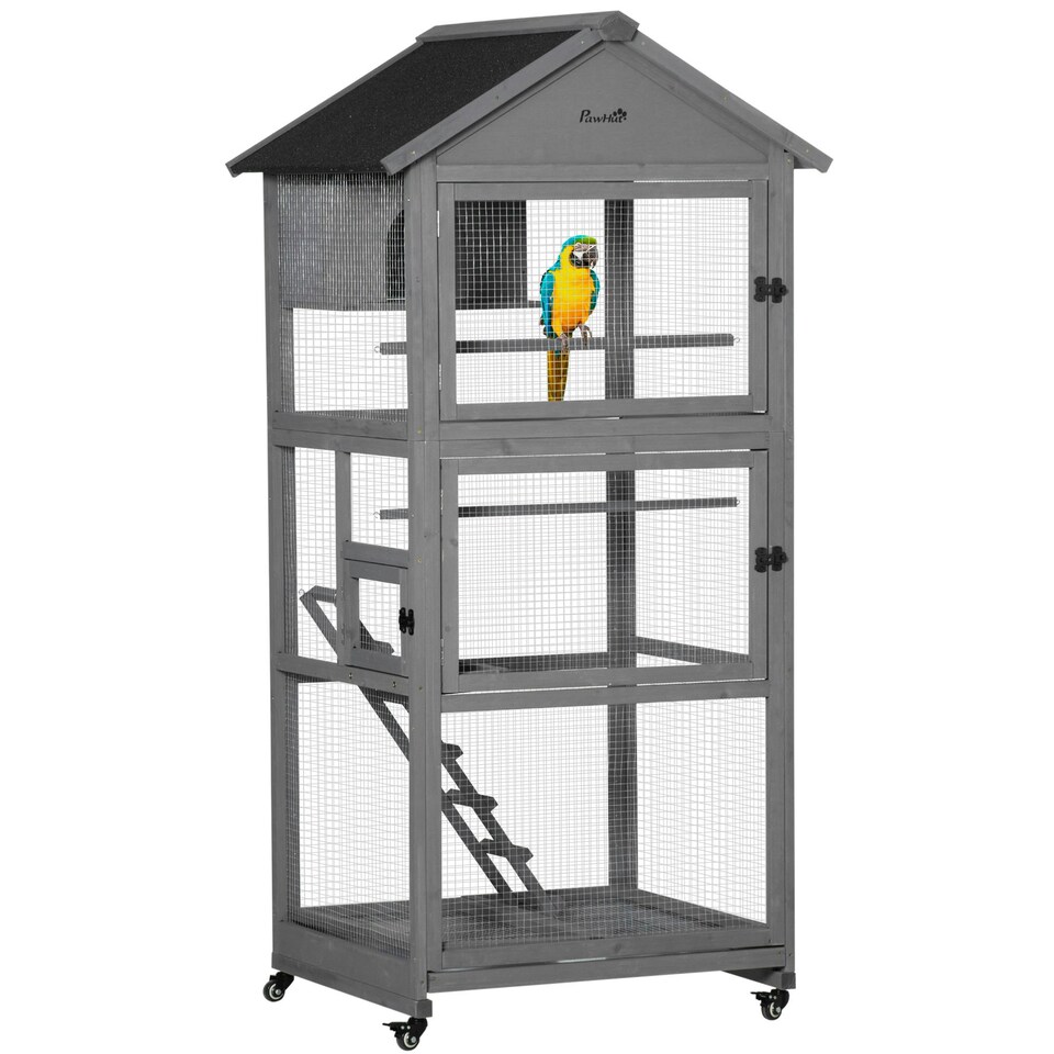 image 1 of PawHut Bird Cage Wooden Aviary for Canary Cockatiel Parrot w/ Wheels Tray