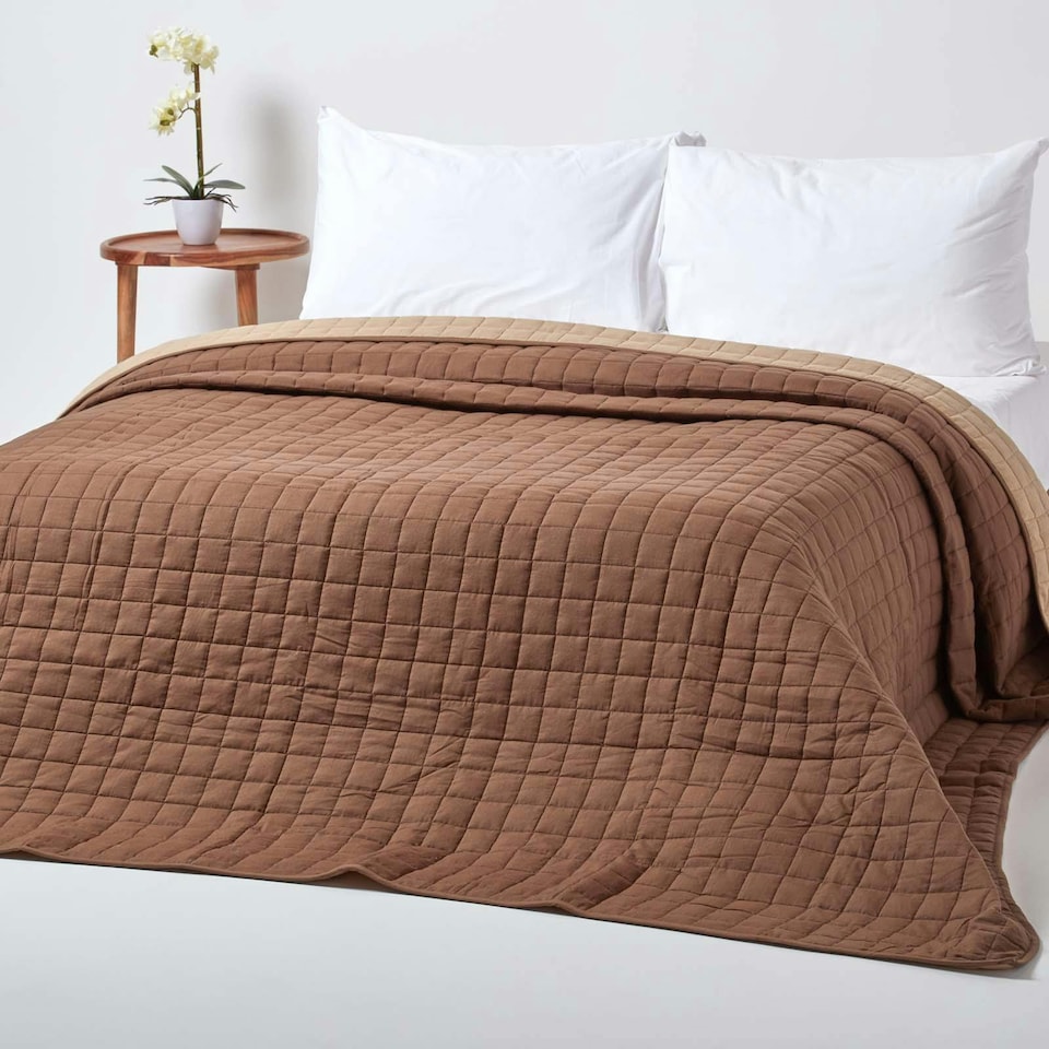 image 1 of Homescapes Cotton Quilted Reversible Bedspread Chocolate Mink Brown - 200 x 200 cm