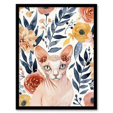 Sphynx Cat Lover Floral Watercolour Portrait Black Framed Wall Art Print A4